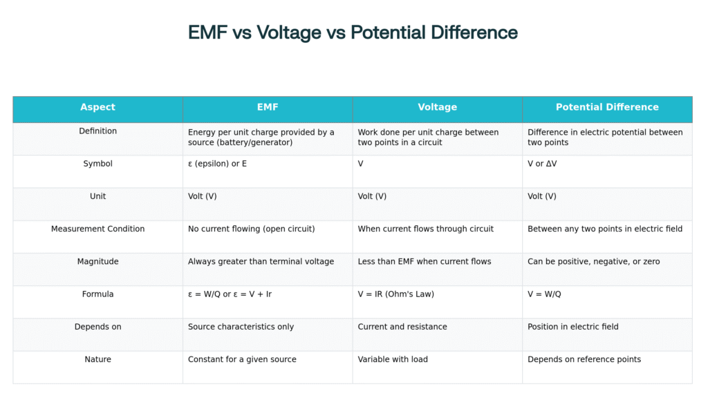 Voltage EMF and Potential Difference Comparison Chart