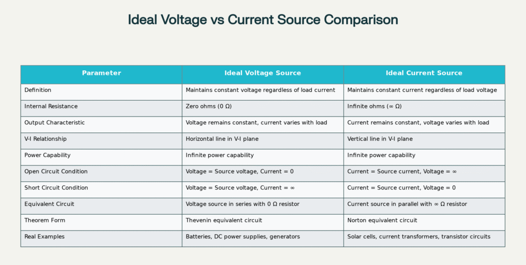 Comparison Chart between Ideal Voltage and Current Source