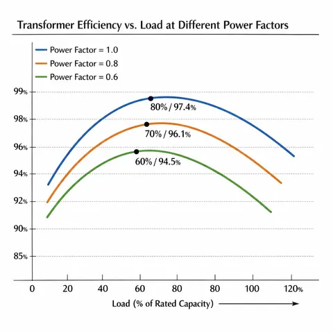 Transformer efficiency versus load at power factors of 1.0, 0.8, and 0.6 for a 400 kVA transformer with 2.5 kW iron losses and 3.5 kW full-load copper losses