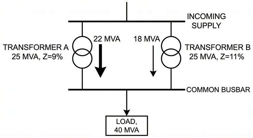 Single Line Diagram showing Load Sharing by Two 25 MVA Transformers with 9% and 11% Impedance during Parallel Operation