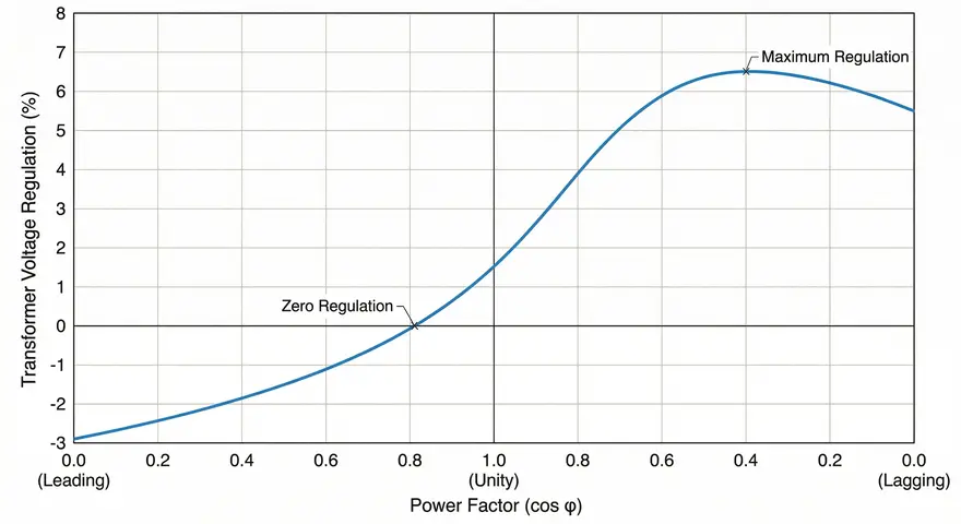 Voltage Regulation vs. Power Factor Graph showing Zero and Maximum Voltage Regulation at Leading, Unity and Lagging Power Factor 