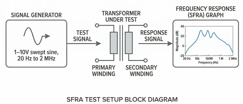 Block Diagram showing SFRA Test Setup with Signal Generator, Transformer, and SFRA Graph