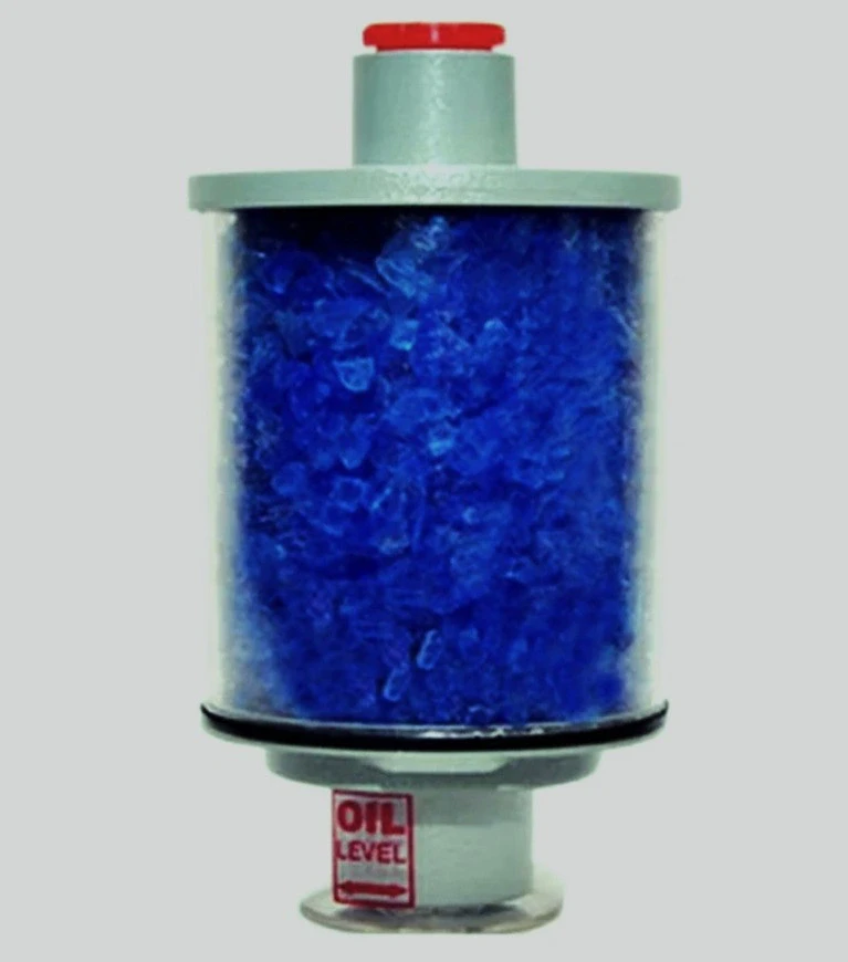 Silica Gel Breather with Breather Cup showing healthy Silica Gel with Blue Colour