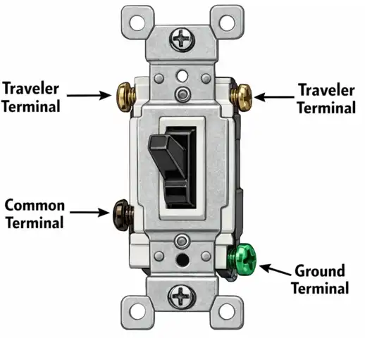 A close-up diagram of a single 3-way toggle switch with arrows pointing to each terminal