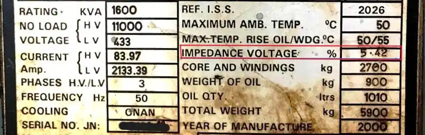 Transformer nameplate showing percentage impedance voltage