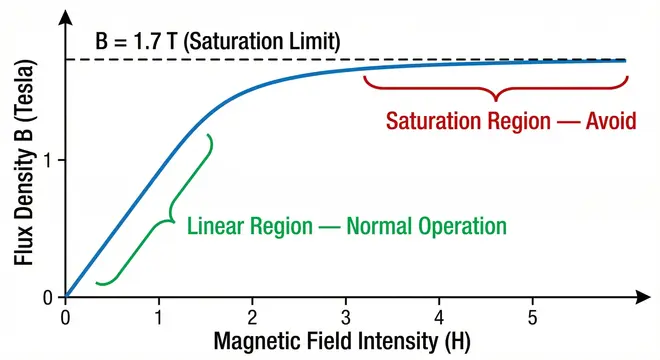 A simple B-H curve for transformer core material showing the linear operating region and the saturation region