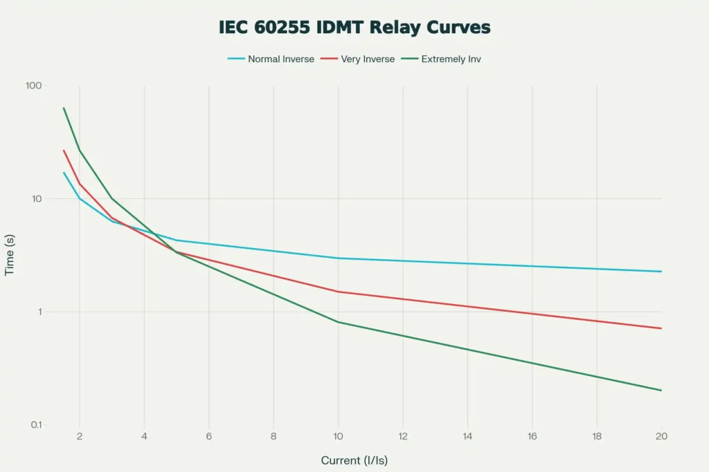 IDMT Relay Characteristics Curve (Normal Inverse, Very Inverse & Extremely Inverse)
