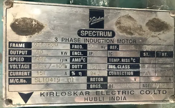 Nameplate of a 3 Phase Induction Motor