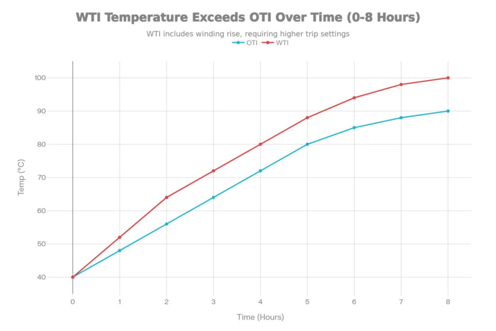 Graph Showing how Temperature Rise of WTI and OTI in a 8 hour time period
