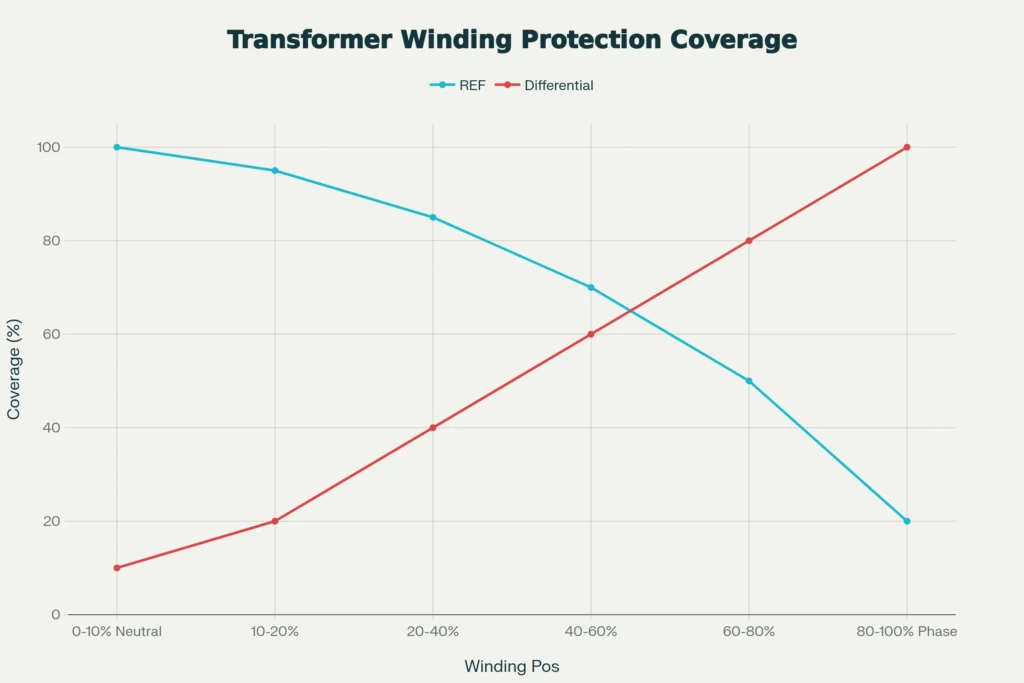 Transformer Winding Protection Graph showing percentage protection coverage by REF and Differential