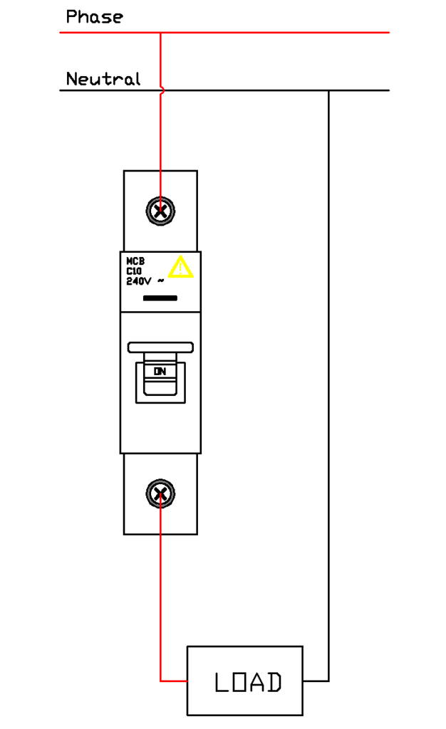 Drawing of a Basic Household Single Pole Circuit Breaker supplying Simple Single Phase Load