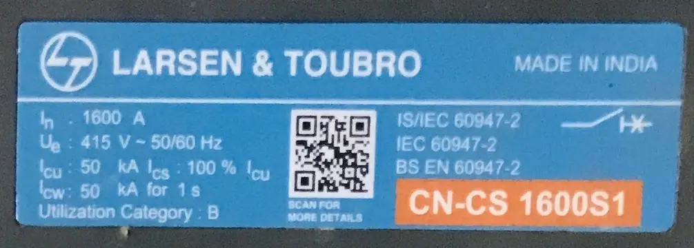 Air Circuit Breaker Nameplate with Ratings