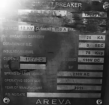 11 kV Indoor Type Vacuum Circuit Breaker Nameplate