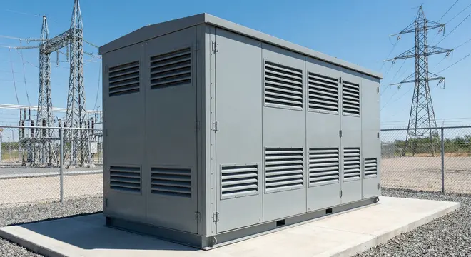 A transformer surrounded by an acoustic enclosure with ventilation louvers
