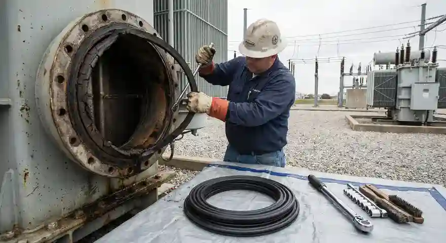 Image showing damaged Gasket Replacement of a Transformer Flange after Oil Leaks
