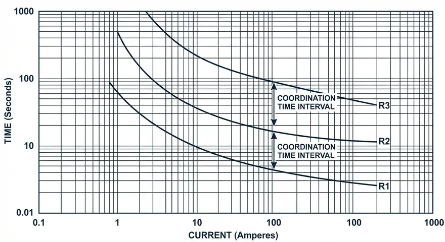 IDMT Characteristics Graph for three IDMT Relays R1 , R2 and R3 showing Coordination 