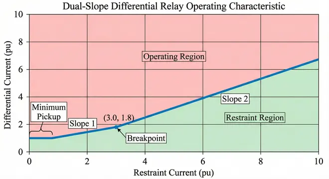 Differential Relay Slope Characteristic Curve with Slope 1, Slope 2, Minimum Pickup, Breakpoint, Operating Region and Restraining Region