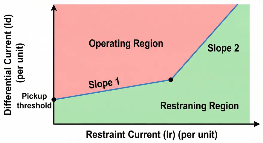 Graph showing Dual-Slope Differential Relay Characteristic Curve with Operating Region, Restraining Region, Slope 1, Slope 2 and Pickup Threshold