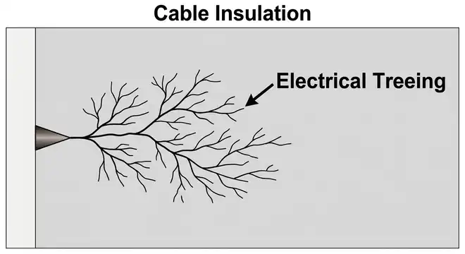 Cable insulation showing a tree-like branching pattern growing from a sharp metallic protrusion on the conductor toward the outer insulation surface
