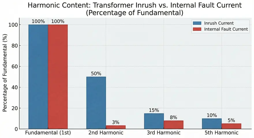 Harmonic Content Comparison Chart showing Fundamental, 2nd Harmonic, 3rd Harmonic and 5th Harmonic Percentage during Inrush and Fault Current
