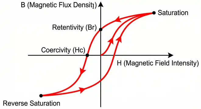 Hysteresis Loop Diagram showing Saturation, Retentivity, Coercivity and Reverse Saturation