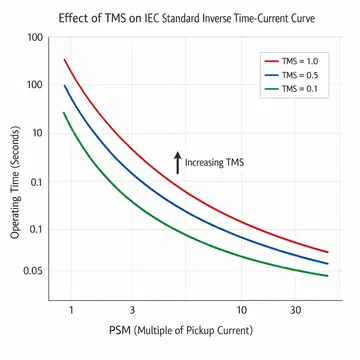 IDMT relay time-current curves showing effect of TMS values 0.1, 0.5, and 1.0 on IEC Standard Inverse characteristic