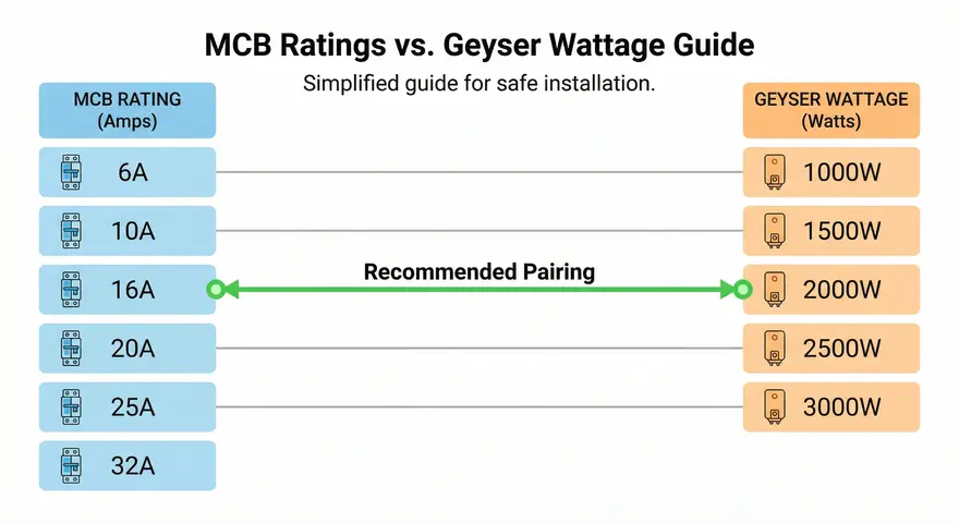 MCB Rating Selection Chart for Geyser from 6A MCB to 32A MCB and from 1000W Geyser to 3000W Geyser