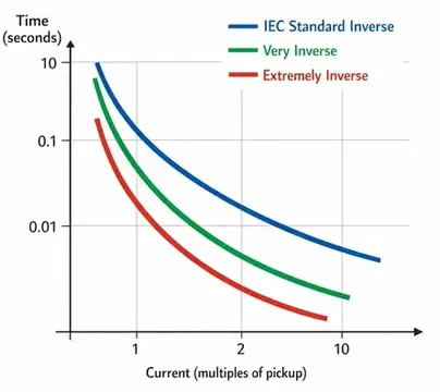 Overcurrent Relay Time-Current Curve showing IEC Standard Inverse, Very Inverse and Extremely Inverse Curves