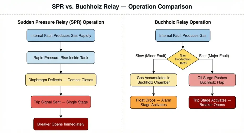 Side by Side Flowchart showing operation of Buchholz Relay and Sudden Pressure Relay