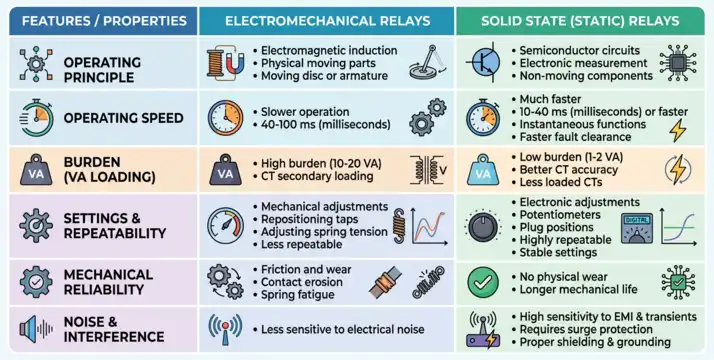 Comparison Table for Static Relay vs Electromechanical Relay