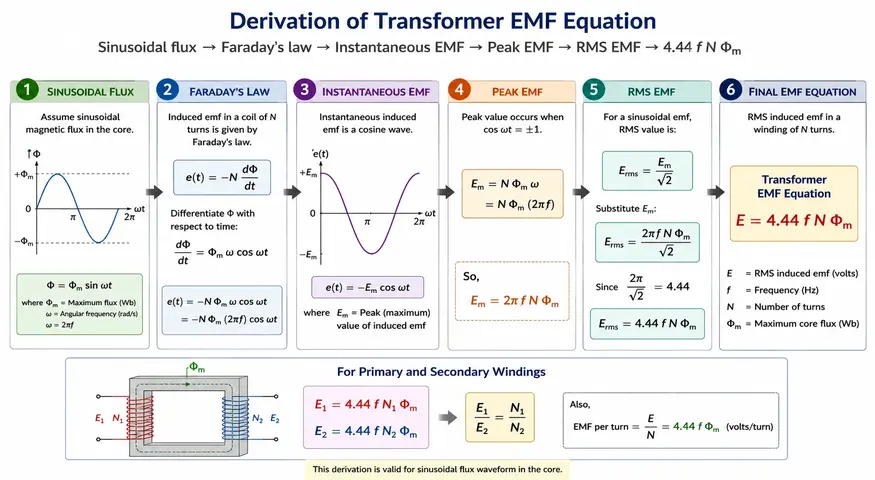 Transformer EMF equation derivation diagram showing sinusoidal flux, Faraday’s law, instantaneous and peak EMF, RMS conversion, and the final formula E = 4.44 f N Φm, with primary and secondary winding relationships.
