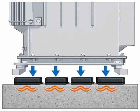 Transformer base sitting on rubber isolation pads on a concrete foundation
