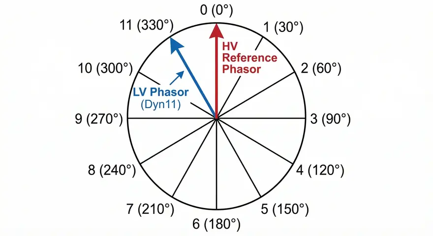 Image showing clock notation diagram for Vector Group with HV Reference Phasor at 0 degree