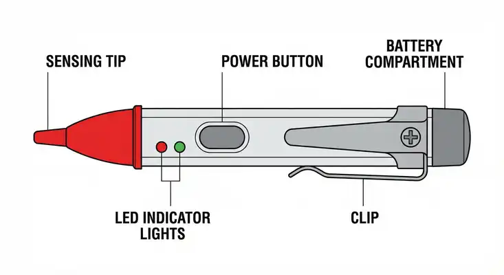 Image showing the Anatomy of a Non Contact Voltage Tester with Sensing Tip, LED Indicators, Power Button, Battery Compartment
