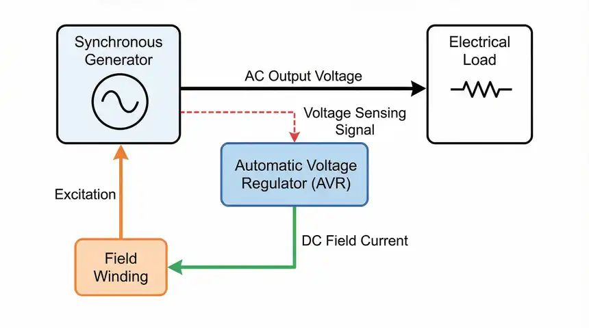 Basic AVR Block Diagram showing Synchronous Generator, AVR, Field Winding and Electrical Load