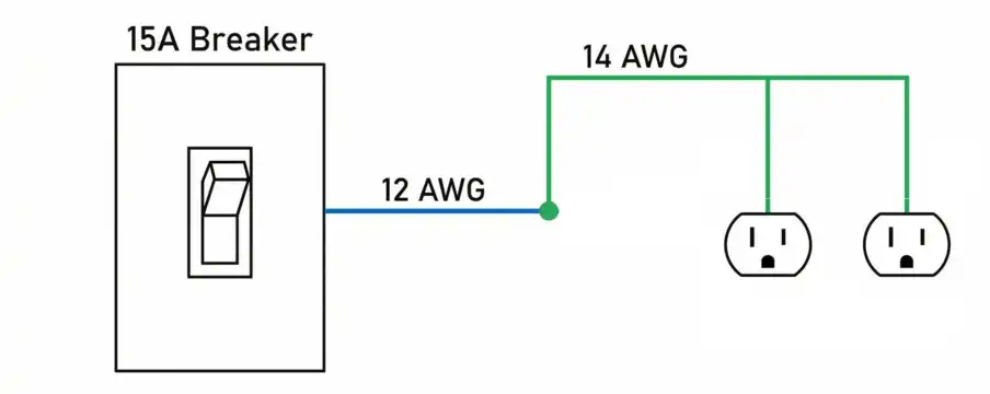 15A Circuit breaker connected to outlets with 12 and 14 AWG Wires