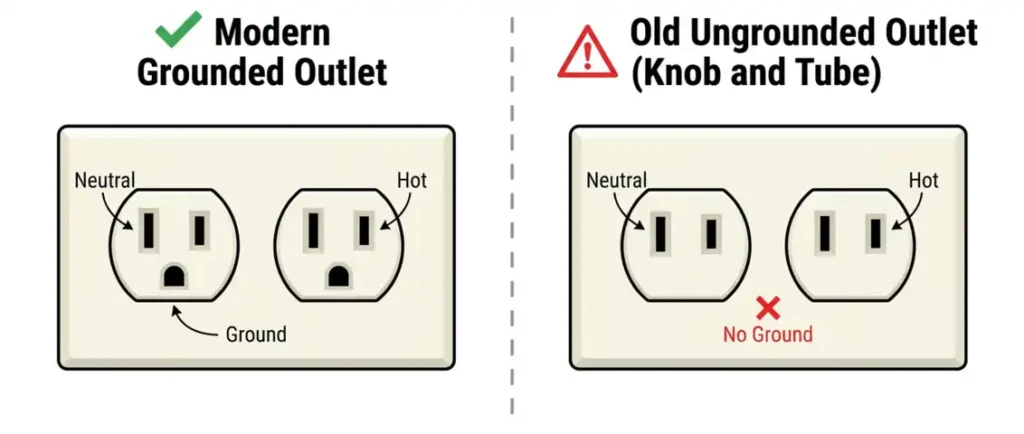 Image showing comparison of Three Prong Grounded vs Two prong Old Ungrounded Outlet
