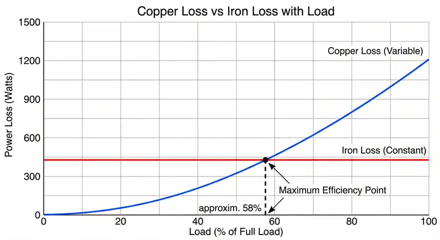 Graph showing Copper Loss vs Iron Loss Comparison as Iron Loss Constant and Copper Loss Variable with Maximum efficiency point