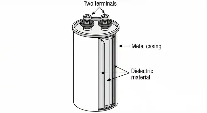 Cylindrical Run Capacitor showing the two terminals on top, the metal casing, and the dielectric material inside