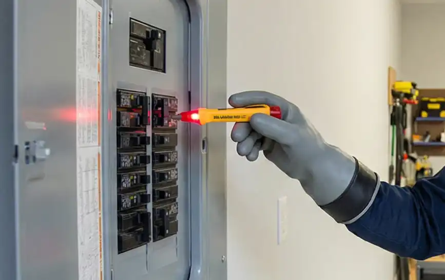 Electrician using the Sperry VD6509 non contact voltage tester in a Residential Electrical Panel