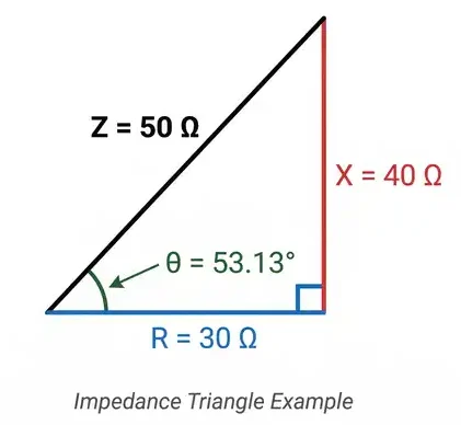 Impedance Triangle Example with R=30, X=40, Z=50 and Theta=53.13