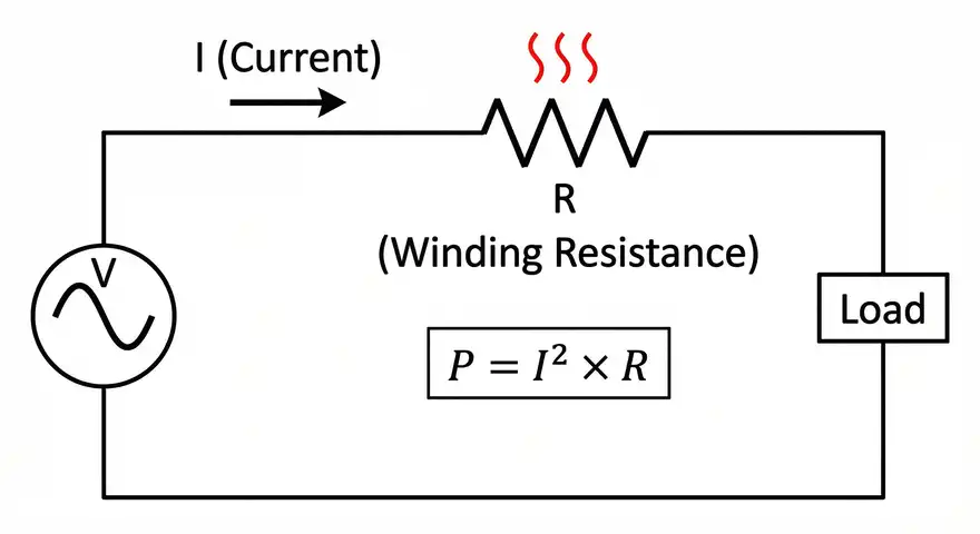 I²R Loss Basic Circuit Diagram with Voltage Source, Resistance and Load with heat dissipated from Resistor
