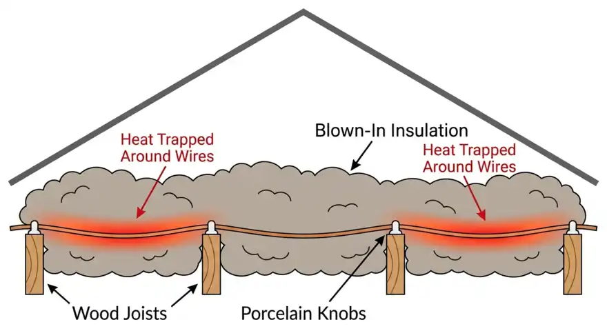 Image showing Knob and Tube wiring buried under insulation with Fire Hazard