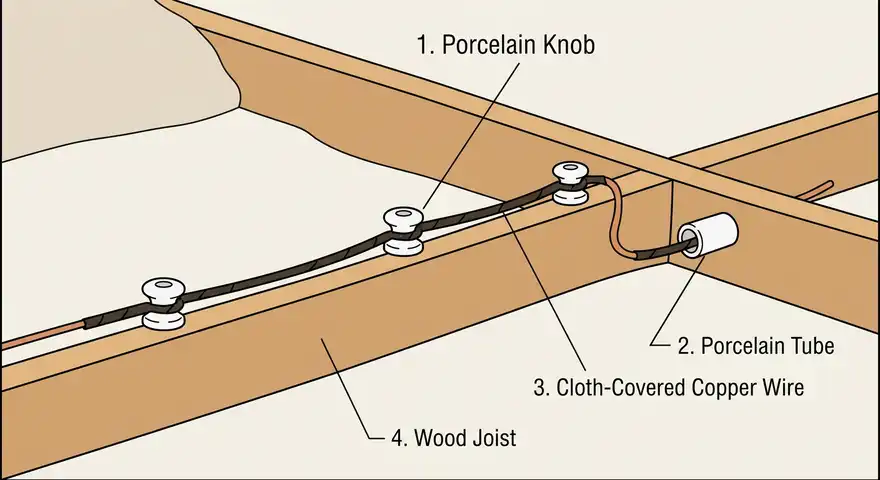Image showing Knob and Tube Wiring Components on Wood Joist