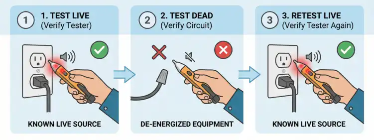 Image showing Live-Dead-Live Testing Procedure using Non Contact Voltage Tester