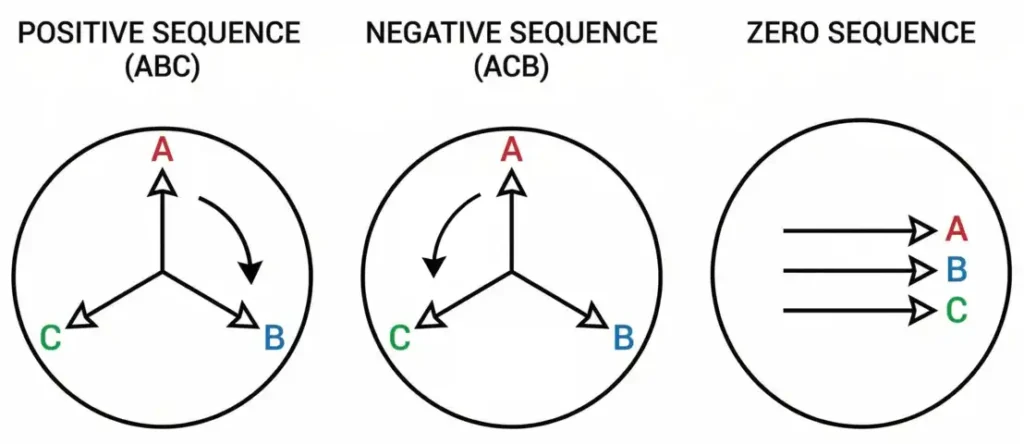 Symmetrical Components Diagram showing Positive Sequence, Negative Sequence and Zero Sequence