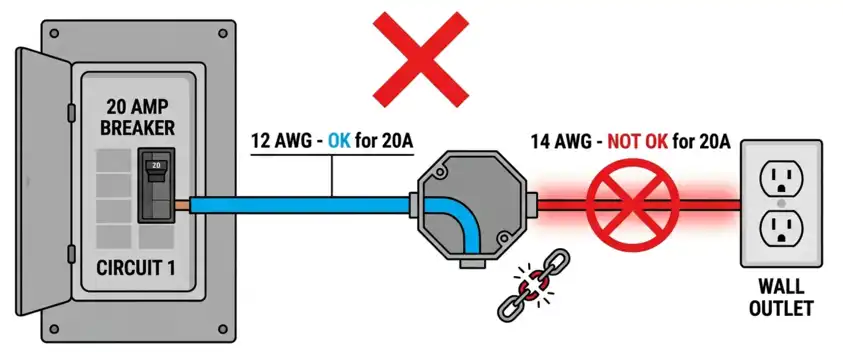 Diagram showing 20A Circuit Breaker with the circuit using Mixed Wire Gauges