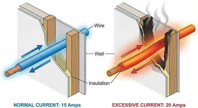 Heat Buildup in an Overloaded Wire