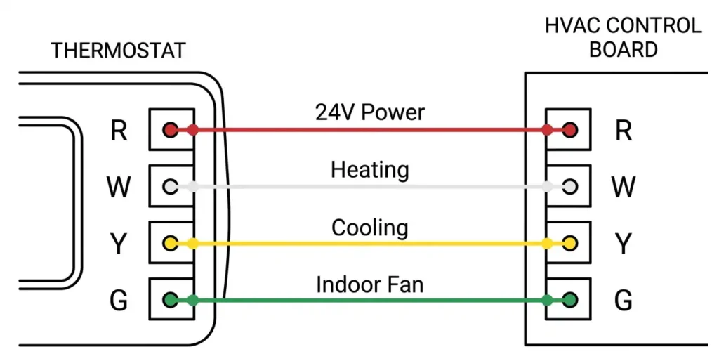 Wiring diagram of a standard 4-wire heating and cooling thermostat system