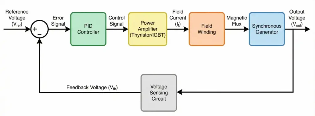 Working Principle of an Automatic Voltage Regulator in closed-loop feedback control system